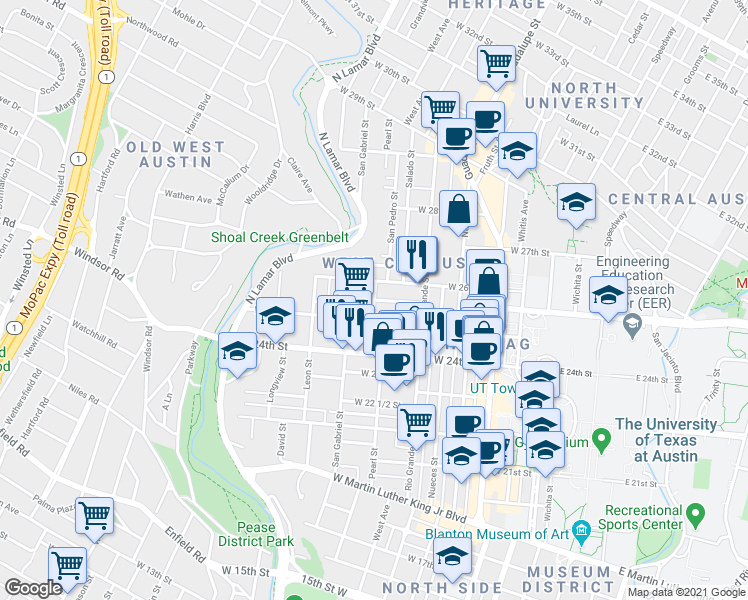 map of restaurants, bars, coffee shops, grocery stores, and more near Pearl Street in Austin