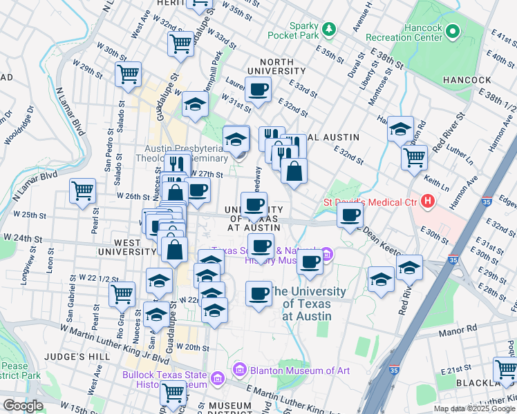 map of restaurants, bars, coffee shops, grocery stores, and more near 200 East Dean Keeton Street in Austin