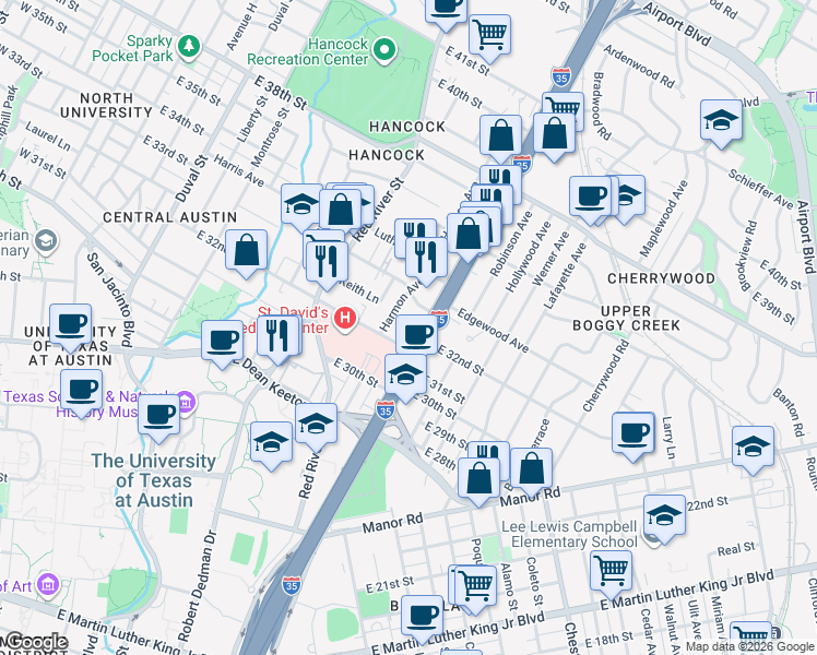 map of restaurants, bars, coffee shops, grocery stores, and more near 3233 Harmon Avenue in Austin