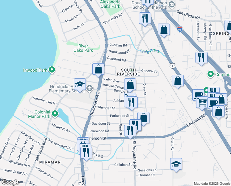 map of restaurants, bars, coffee shops, grocery stores, and more near 1647 Ashland Street in Jacksonville