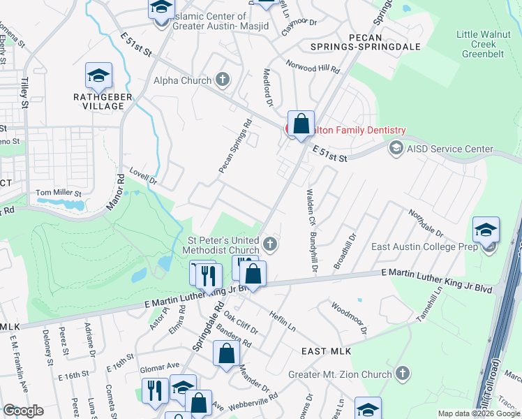 map of restaurants, bars, coffee shops, grocery stores, and more near 4613 Springdale Road in Austin