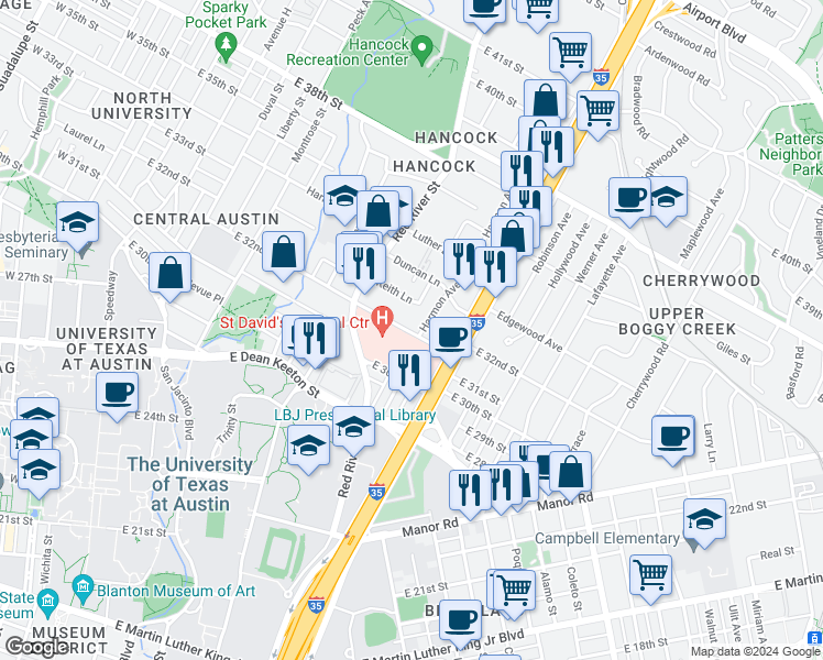map of restaurants, bars, coffee shops, grocery stores, and more near 1005 East 32nd Street in Austin