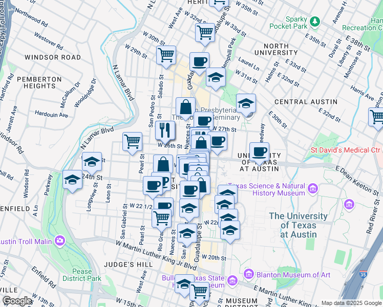 map of restaurants, bars, coffee shops, grocery stores, and more near 2503 Nueces Street in Austin