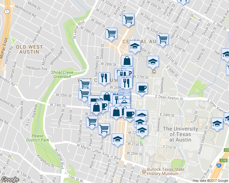 map of restaurants, bars, coffee shops, grocery stores, and more near 2503 Nueces Street in Austin