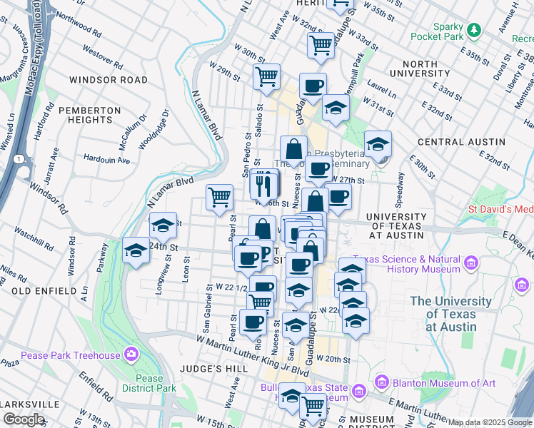 map of restaurants, bars, coffee shops, grocery stores, and more near 2500 Rio Grande Street in Austin