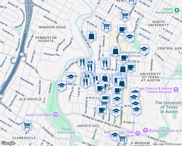 map of restaurants, bars, coffee shops, grocery stores, and more near 910 West 25th Street in Austin