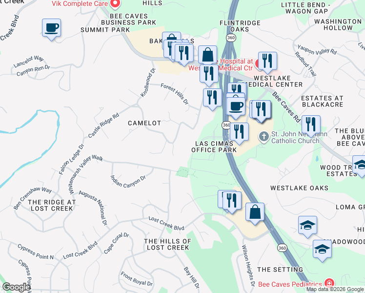 map of restaurants, bars, coffee shops, grocery stores, and more near 894-1098 Las Cimas Parkway in Austin