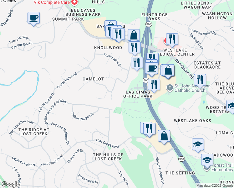 map of restaurants, bars, coffee shops, grocery stores, and more near 894-1098 Las Cimas Parkway in Austin