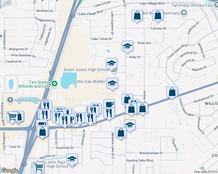 map of restaurants, bars, coffee shops, grocery stores, and more near 59241 Rebel Drive in Slidell