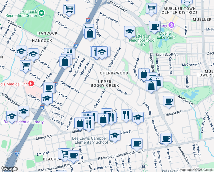 map of restaurants, bars, coffee shops, grocery stores, and more near Clarkson Ave & Cherrywood Rd in Austin