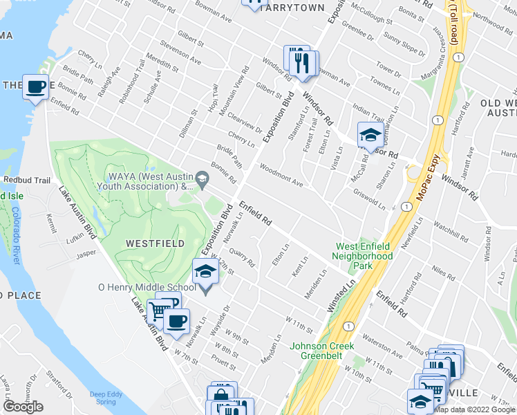 map of restaurants, bars, coffee shops, grocery stores, and more near 2512 Enfield Road in Austin