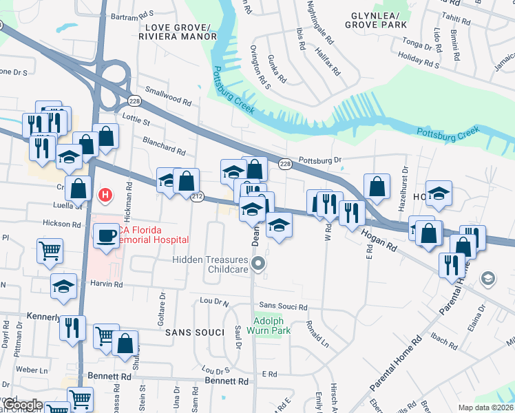 map of restaurants, bars, coffee shops, grocery stores, and more near Beach Boulevard & Dean Road in Jacksonville