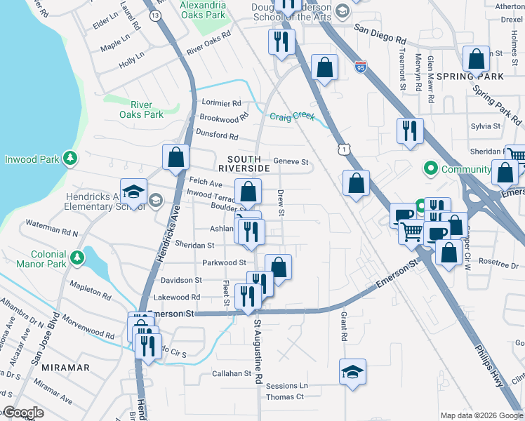 map of restaurants, bars, coffee shops, grocery stores, and more near 3481 Saint Augustine Road in Jacksonville