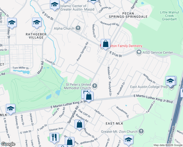 map of restaurants, bars, coffee shops, grocery stores, and more near 4613 Springdale Road in Austin