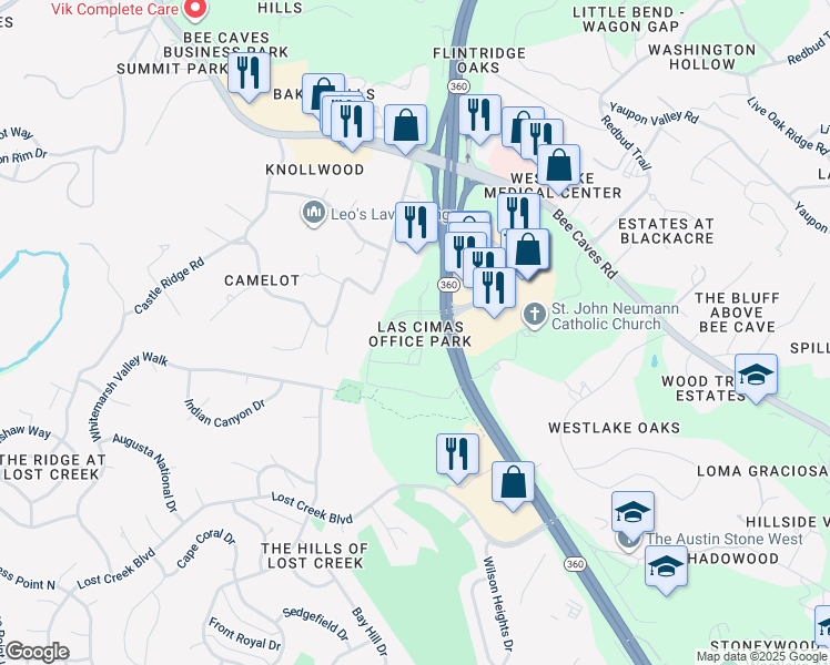 map of restaurants, bars, coffee shops, grocery stores, and more near 805 Las Cimas Parkway in Austin