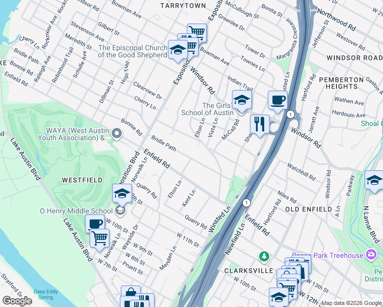 map of restaurants, bars, coffee shops, grocery stores, and more near 2405 Bridle Path in Austin