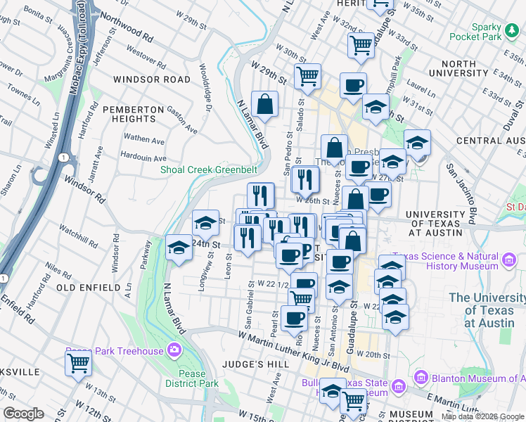 map of restaurants, bars, coffee shops, grocery stores, and more near 910 West 25th Street in Austin