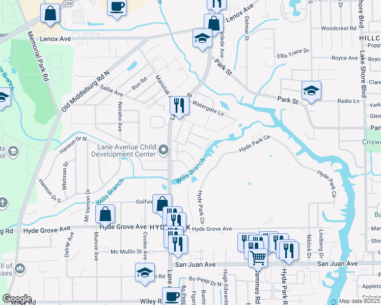 map of restaurants, bars, coffee shops, grocery stores, and more near 1591 Lane Avenue South in Jacksonville
