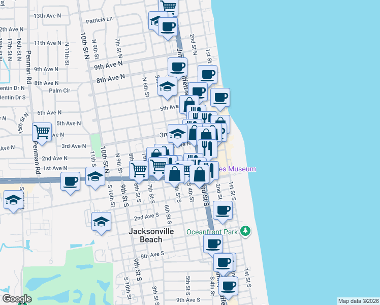 map of restaurants, bars, coffee shops, grocery stores, and more near 380 1st Avenue North in Jacksonville Beach