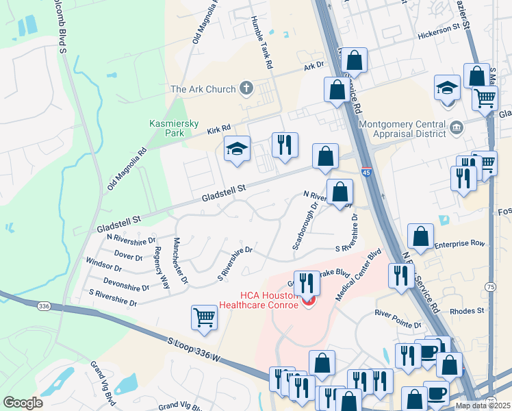 map of restaurants, bars, coffee shops, grocery stores, and more near 602 North Rivershire Drive in Conroe
