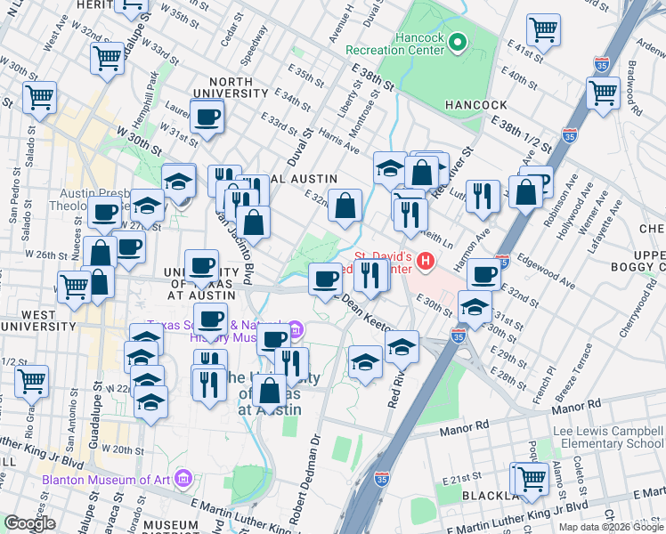 map of restaurants, bars, coffee shops, grocery stores, and more near 720 East Dean Keeton Street in Austin