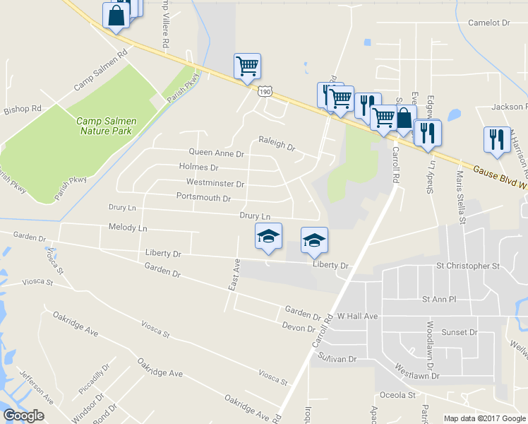 map of restaurants, bars, coffee shops, grocery stores, and more near 216 Drury Lane in Slidell