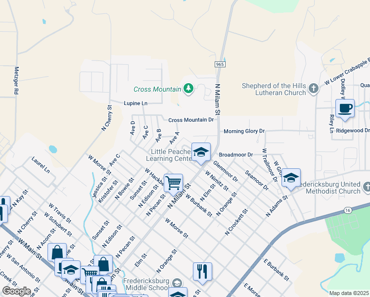 map of restaurants, bars, coffee shops, grocery stores, and more near 413 Nimitz Circle in Fredericksburg