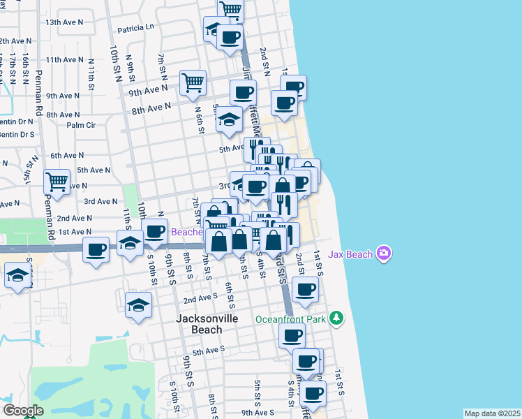 map of restaurants, bars, coffee shops, grocery stores, and more near 380 1st Avenue North in Jacksonville Beach