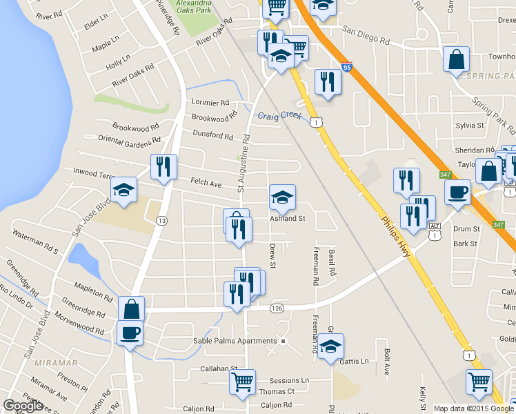 map of restaurants, bars, coffee shops, grocery stores, and more near 3481 Saint Augustine Road in Jacksonville