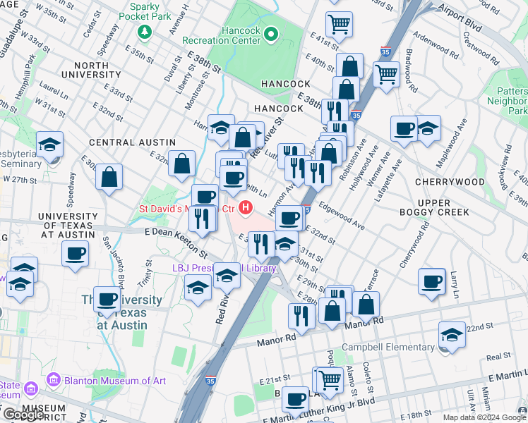 map of restaurants, bars, coffee shops, grocery stores, and more near 1005 East 32nd Street in Austin
