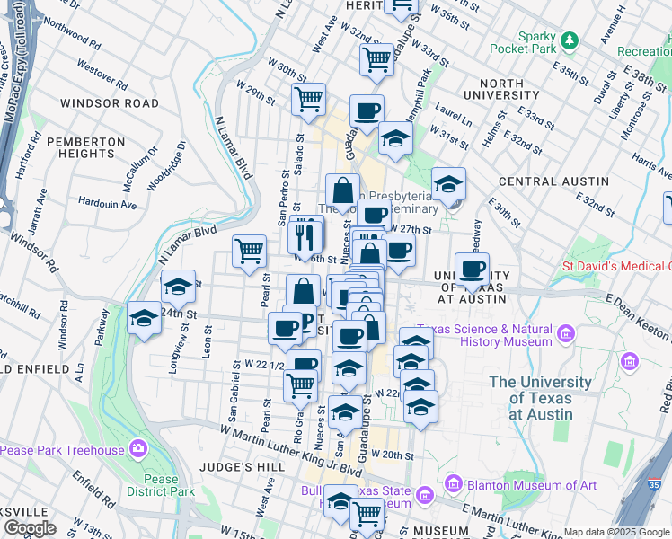map of restaurants, bars, coffee shops, grocery stores, and more near 2503 Nueces Street in Austin