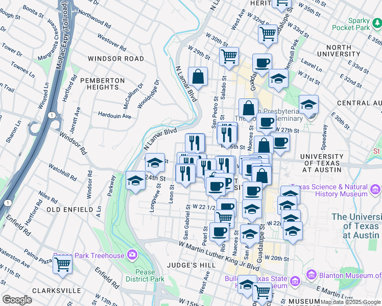 map of restaurants, bars, coffee shops, grocery stores, and more near 910 West 25th Street in Austin