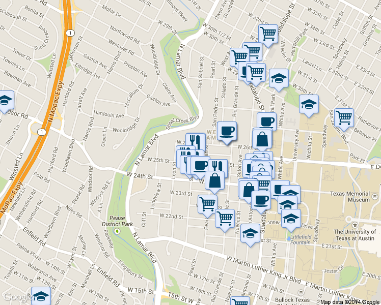 map of restaurants, bars, coffee shops, grocery stores, and more near 910 West 25th Street in Austin
