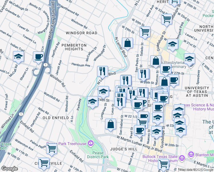map of restaurants, bars, coffee shops, grocery stores, and more near 2500 Longview Street in Austin