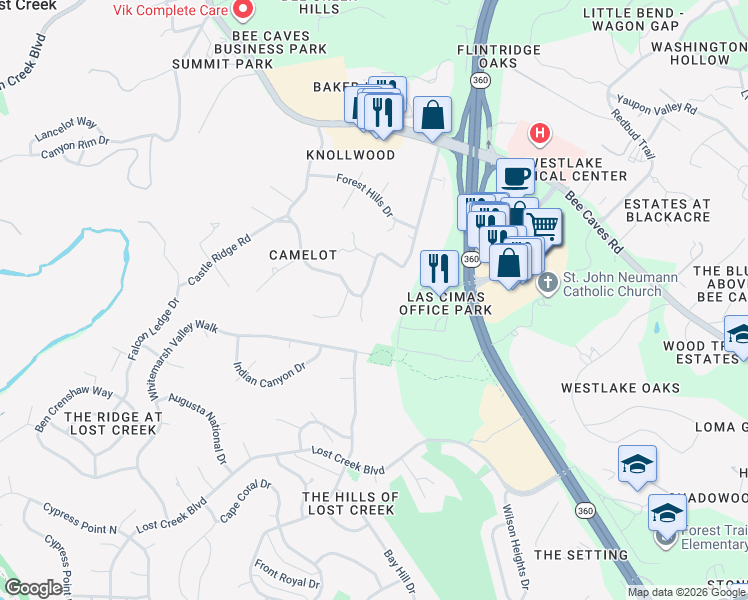 map of restaurants, bars, coffee shops, grocery stores, and more near 833 Castle Ridge Road in Austin