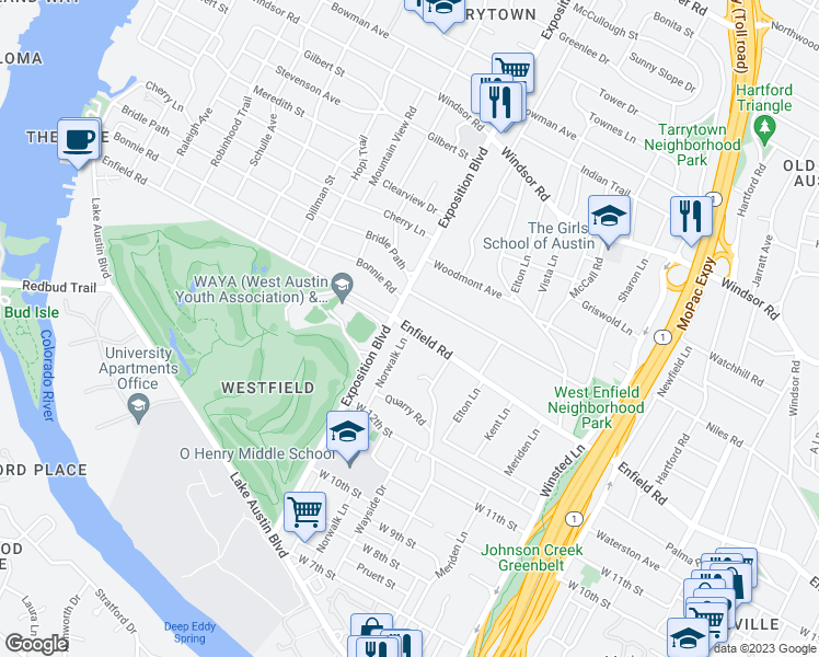 map of restaurants, bars, coffee shops, grocery stores, and more near Enfield Rd & Norwalk Ln in Austin