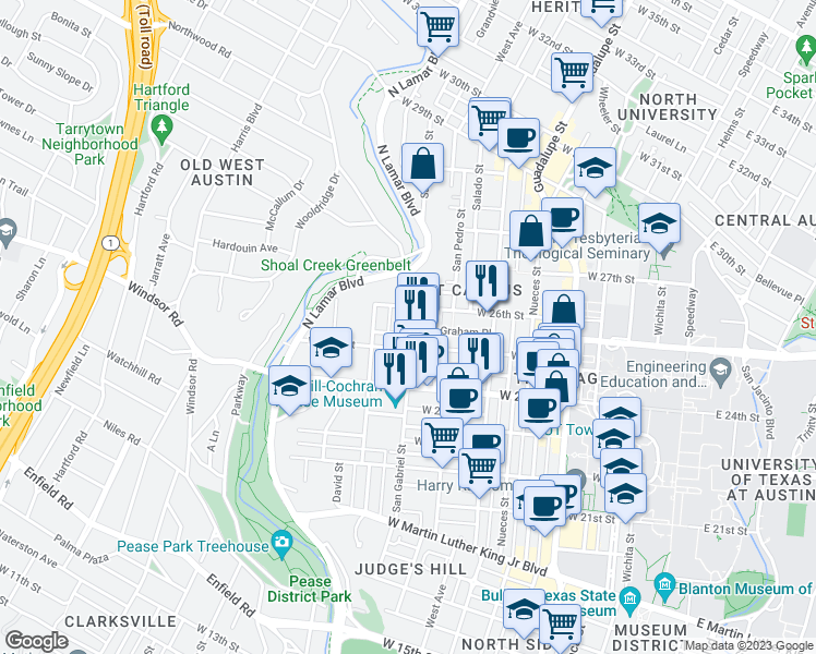 map of restaurants, bars, coffee shops, grocery stores, and more near 910 West 25th Street in Austin