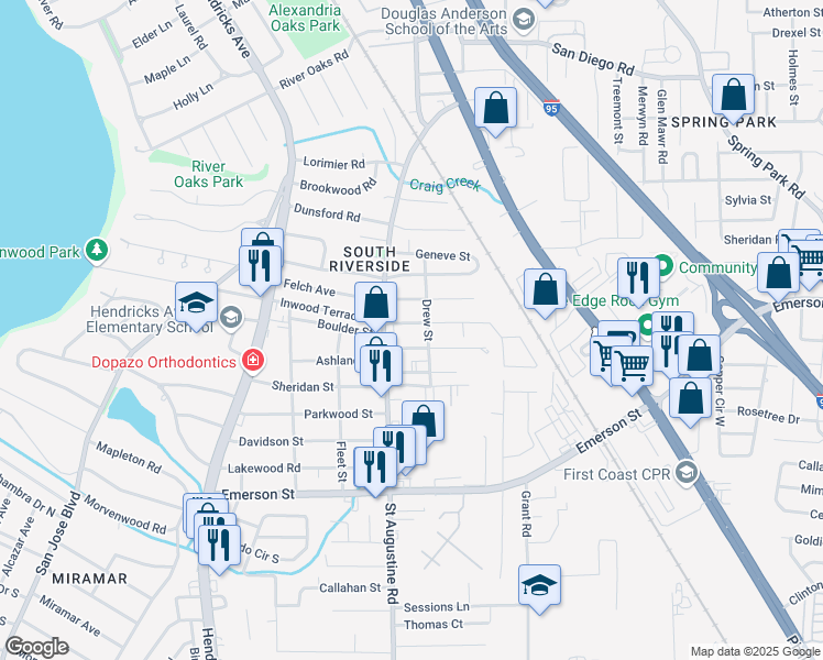 map of restaurants, bars, coffee shops, grocery stores, and more near 3481 Saint Augustine Road in Jacksonville