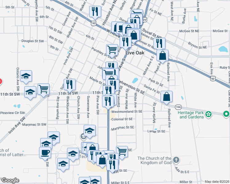 map of restaurants, bars, coffee shops, grocery stores, and more near 817 South Ohio Avenue in Live Oak