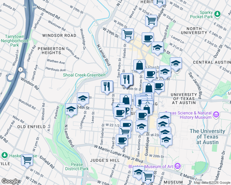 map of restaurants, bars, coffee shops, grocery stores, and more near 702 West 25th Street in Austin