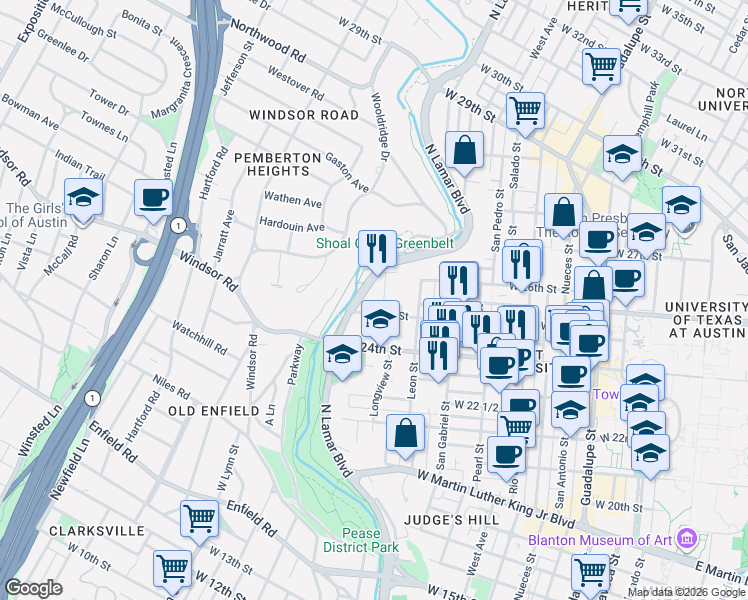map of restaurants, bars, coffee shops, grocery stores, and more near 2500 Longview Street in Austin