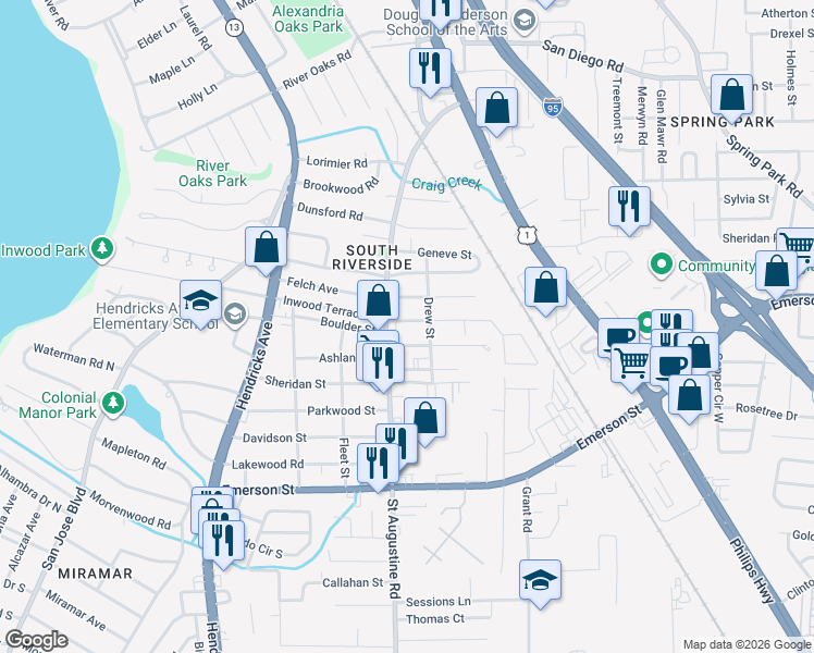 map of restaurants, bars, coffee shops, grocery stores, and more near 3481 Saint Augustine Road in Jacksonville