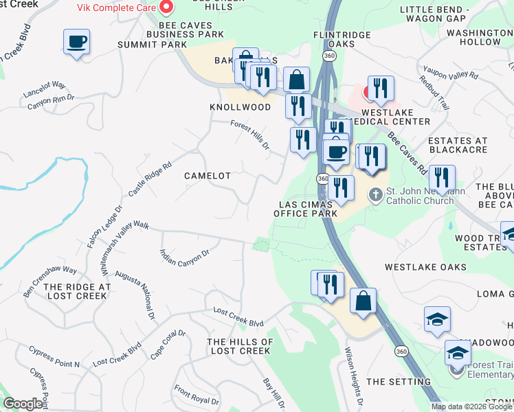 map of restaurants, bars, coffee shops, grocery stores, and more near 833 Castle Ridge Road in Austin