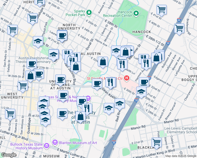 map of restaurants, bars, coffee shops, grocery stores, and more near 3001 Harris Park Avenue in Austin