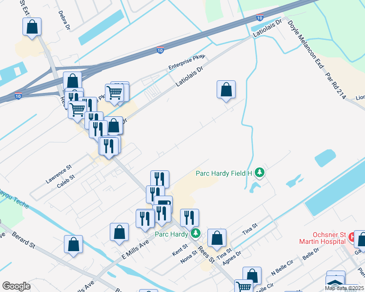 map of restaurants, bars, coffee shops, grocery stores, and more near 609 Parkway Drive in Breaux Bridge