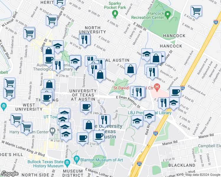 map of restaurants, bars, coffee shops, grocery stores, and more near Harris Park Avenue & Elmwood Place in Austin