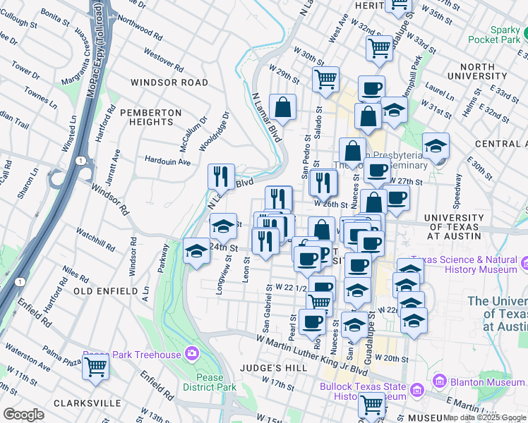 map of restaurants, bars, coffee shops, grocery stores, and more near 2518 Leon Street in Austin
