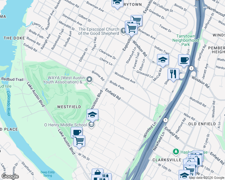map of restaurants, bars, coffee shops, grocery stores, and more near 2508 Bridle Path in Austin