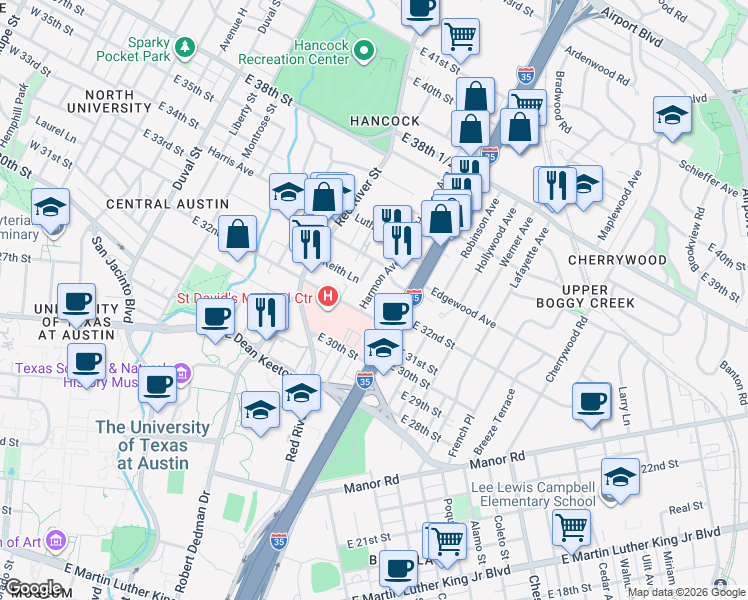 map of restaurants, bars, coffee shops, grocery stores, and more near 3233 Harmon Avenue in Austin