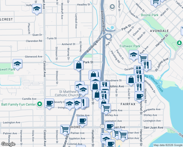 map of restaurants, bars, coffee shops, grocery stores, and more near 4525 Wheeler Avenue in Jacksonville